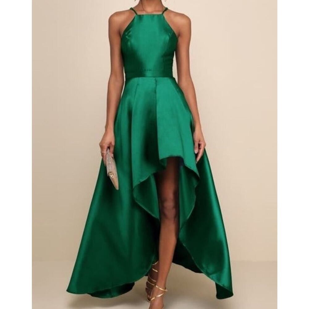 Lulu's Emerald Green High-Low Satin Halter Dress